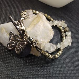 Butterfly clear crystal quartz silver toggle‎ charm bracelet